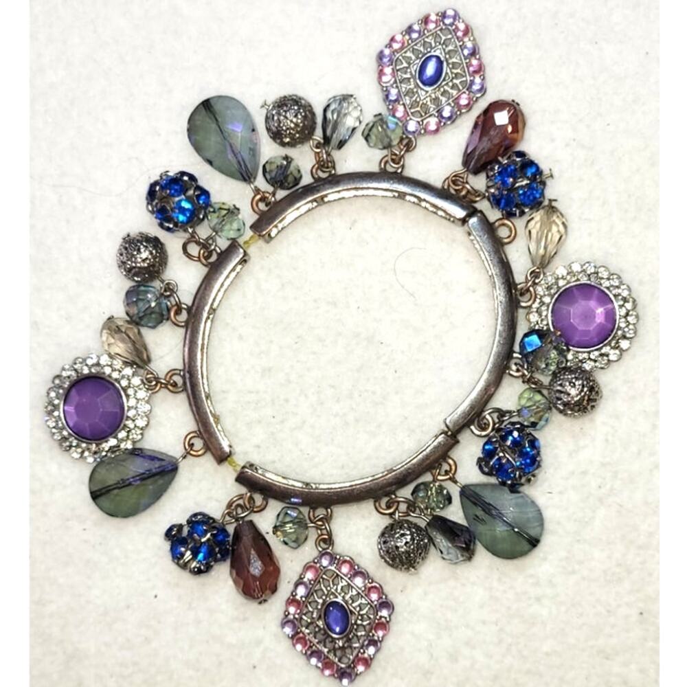 Chunky Bling Stretch Charm Glass Beaded Bracelet Purple Blue Silver Boho Cluster